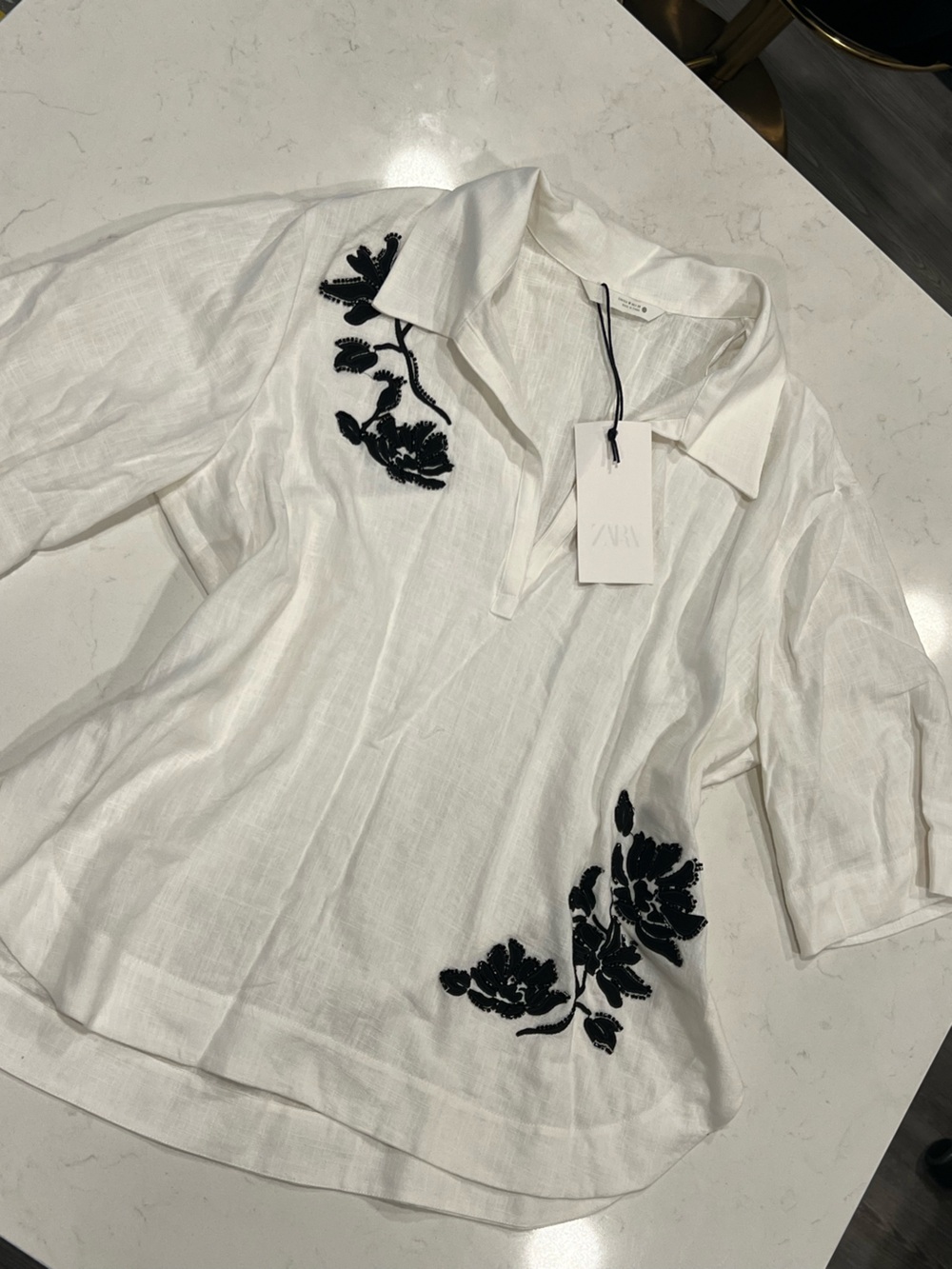 Zara White V-Neck Linen Top with Black Floral Embroidery